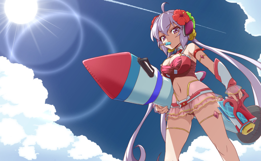 1girl ahoge arm_strap bare_shoulders bikini blue_sky blush breasts cleavage clouds day eyebrows_visible_through_hair flower food gluteal_fold hair_flower hair_ornament inflatable_toy large_breasts lens_flare long_hair looking_at_viewer mouth_hold navel outdoors popsicle red_bikini senki_zesshou_symphogear silver_hair sky solo sun swimsuit thigh-highs thigh_strap twintails uganda very_long_hair violet_eyes water_gun yukine_chris