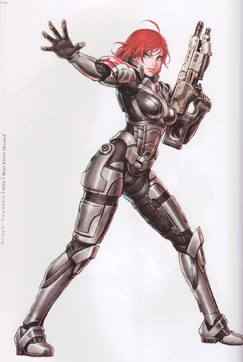 1girl 2012 absurdres ahoge armor battle_rifle bodysuit breasts commander_shepard commander_shepard_(female) gloves green_eyes gun highres kotobukiya_bishoujo long_hair m-55_argus mass_effect mass_effect_3 medium_breasts n7_armor outstretched_hand redhead rifle simple_background solo weapon white_background yamashita_shun'ya