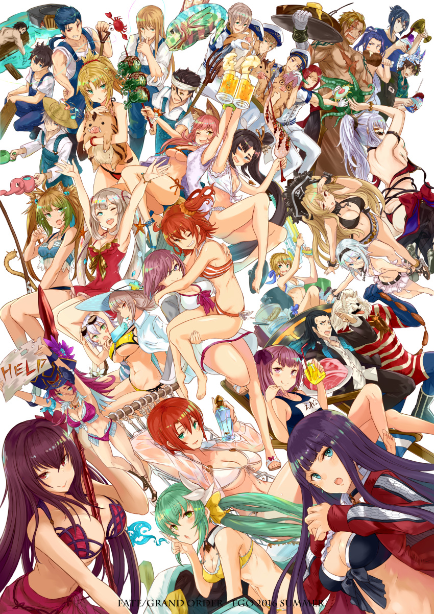 absurdres animal_ears artoria_pendragon_(all) assassin_of_black bikini breasts carrying character_request english fate/extra fate/extra_ccc fate/grand_order fate_(series) fox_ears fujimaru_ritsuka_(female) helena_blavatsky_(fate/grand_order) highres kiyohime_(fate/grand_order) large_breasts long_hair looking_at_viewer mash_kyrielight multiple_girls purple_bikini purple_hair red_eyes scathach_(fate/grand_order) scathach_(swimsuit_assassin)_(fate) short_hair swimsuit tagme tamamo_(fate)_(all) tamamo_no_mae_(swimsuit_lancer)_(fate) yatsuka_(846)