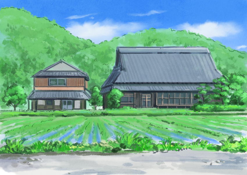 blue_sky building clouds commentary_request day door grass highres hill hirota_(masasiv3) house nature no_humans outdoors rice_paddy road scenery sketch sky tree
