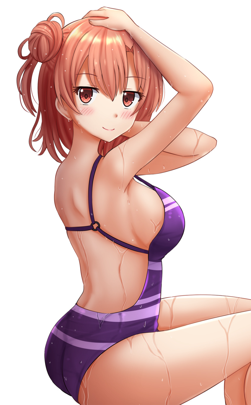1girl arm_up ass bangs bare_legs blush breasts casual_one-piece_swimsuit closed_mouth eyebrows_visible_through_hair feet_out_of_frame from_side hair_bun hands_on_own_head highres kazenokaze large_breasts looking_at_viewer looking_to_the_side o-ring o-ring_swimsuit one-piece_swimsuit purple_swimsuit red_eyes redhead short_hair side_bun sideboob simple_background smile solo strap_gap swimsuit thighs wet white_background yahari_ore_no_seishun_lovecome_wa_machigatteiru. yuigahama_yui