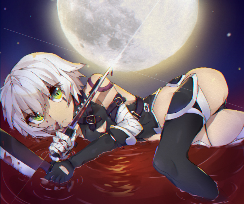 1girl amakaze assassin_of_black black_boots blood bloody_knife boots breasts cleavage cleavage_cutout closed_mouth dual_wielding eyebrows_visible_through_hair fate/apocrypha fate/grand_order fate_(series) green_eyes holding holding_knife knife looking_at_viewer lying medium_breasts moon on_side short_hair solo white_hair