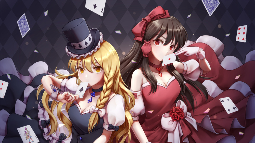 2girls ace_of_hearts ace_of_spades adapted_costume american_flag_dress american_flag_legwear blonde_hair bow braid breasts brown_hair card cleavage clownpiece collar detached_sleeves dress dtvisu fairy_wings flower gloves hair_bow hair_tubes hakurei_reimu hat heart height_difference highres jester_cap kirisame_marisa magician multiple_girls neck_ruff playing_card red_dress rose side_braid single_braid star striped top_hat torch touhou wings wrist_cuffs yellow_eyes