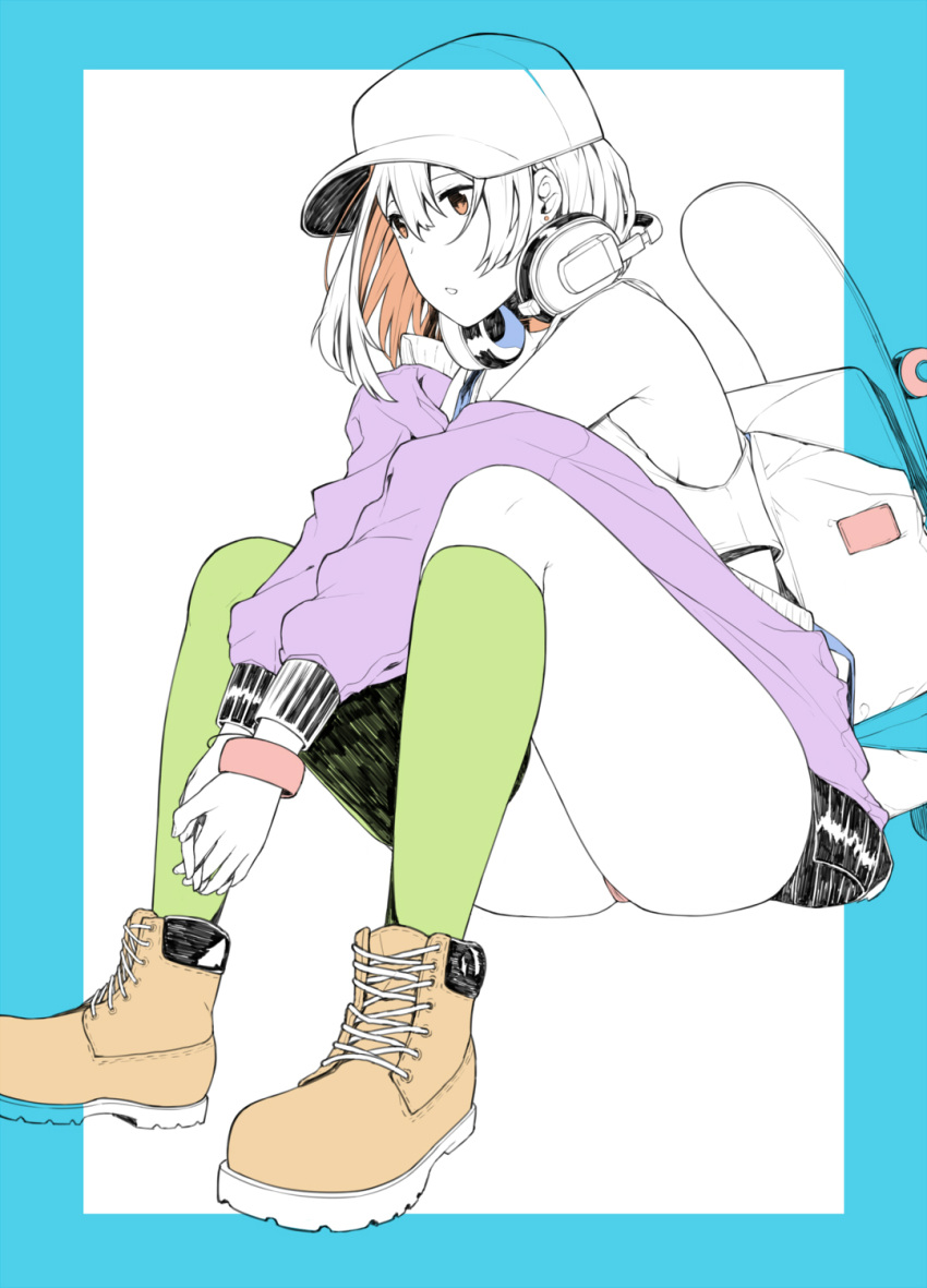 1girl backpack bag bangs baseball_cap boots brown_eyes crop_top flat_color green_legwear hai_ookami hat headphones headphones_around_neck highres hood hoodie kneehighs open_clothes open_hoodie original purple_sweater single_kneehigh single_thighhigh sitting skateboard solo thigh-highs thighs