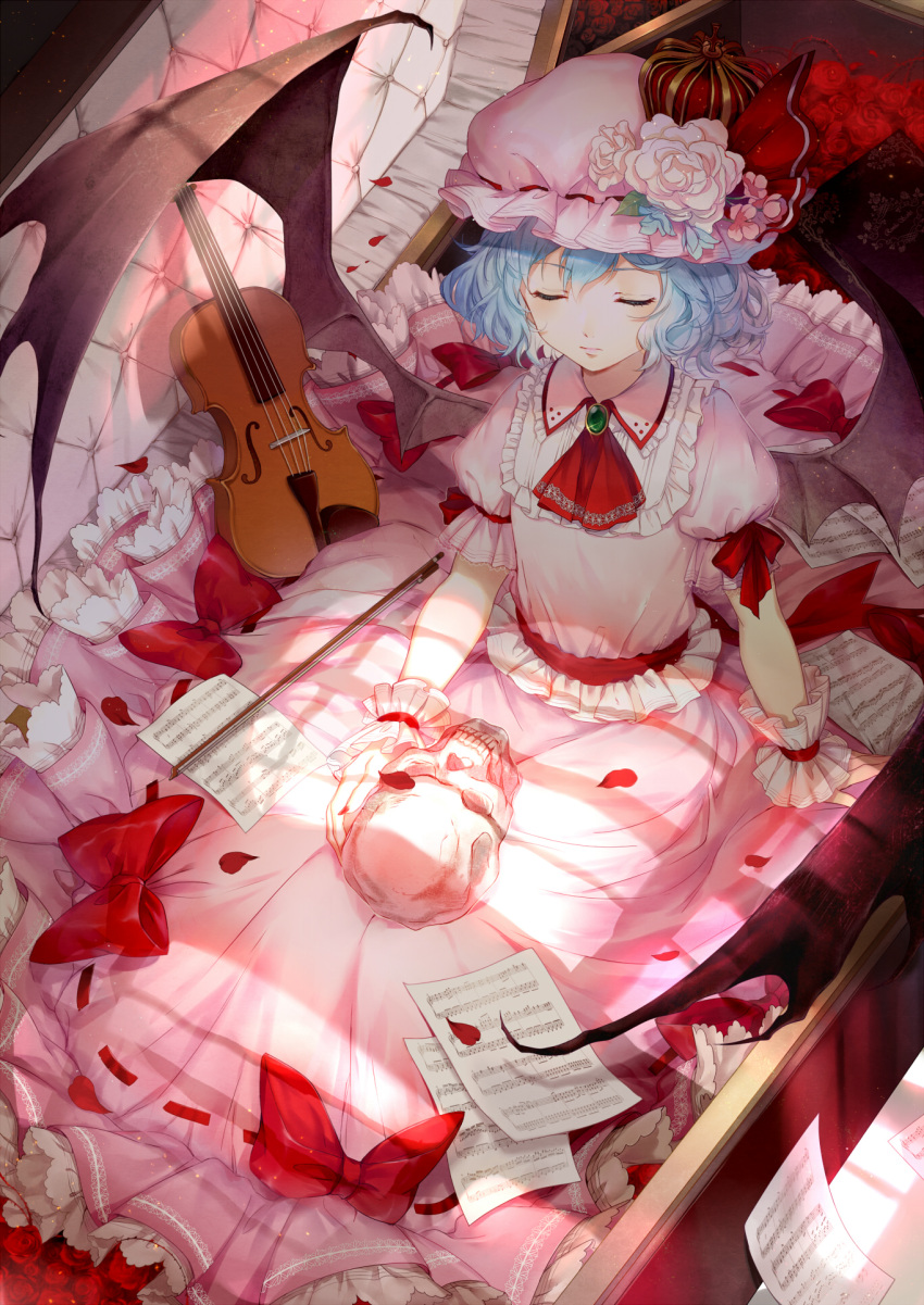 1girl bat_wings blue_hair book brooch closed_eyes closed_mouth coffin cravat crown ekita_xuan flower from_above full_body hat hat_flower hat_ribbon highres instrument jewelry mini_crown mob_cap petals pink_skirt red_ribbon red_rose remilia_scarlet ribbon rose rose_petals sheet_music sitting skirt skirt_set skull solo sunlight touhou violin white_ribbon white_rose wings wrist_cuffs