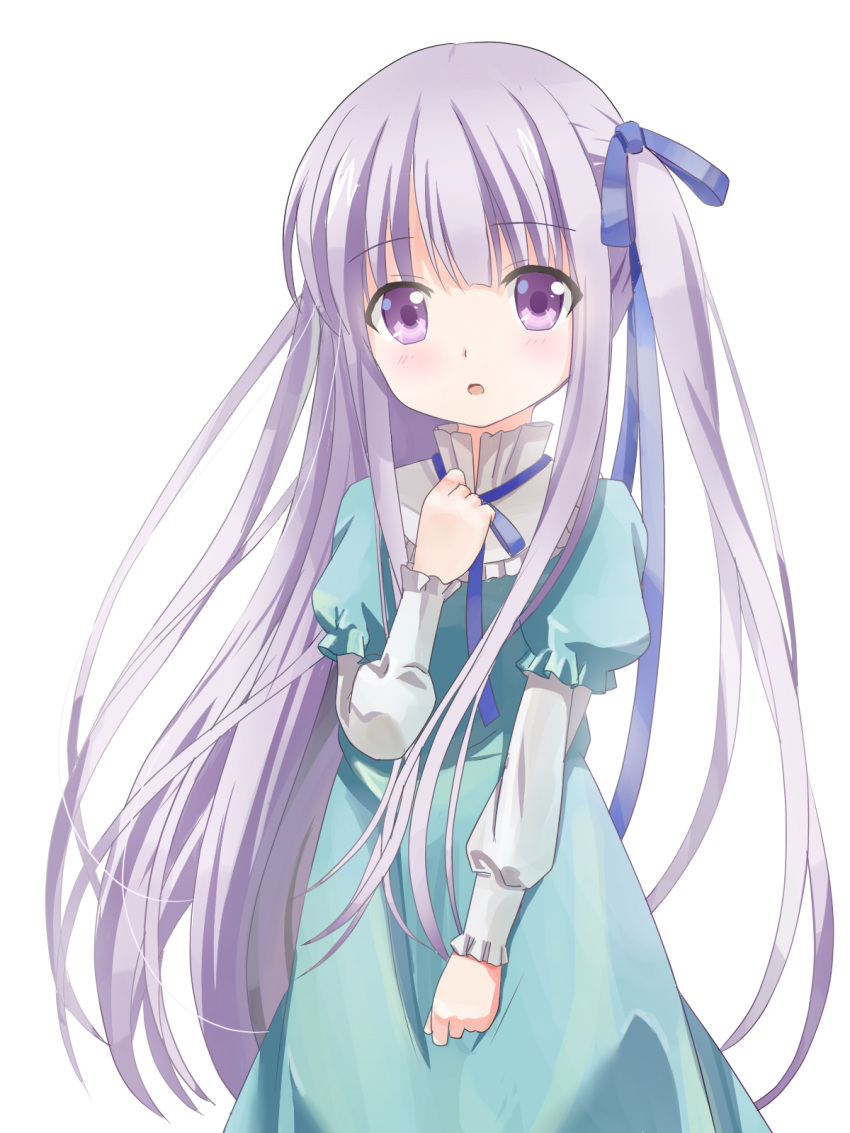 1girl blue_dress dress gotou_jun hand_on_own_chest highres long_hair open_mouth purple_hair ribbon side_ponytail solo tenshi_no_3p! tk_(tk47773) very_long_hair violet_eyes