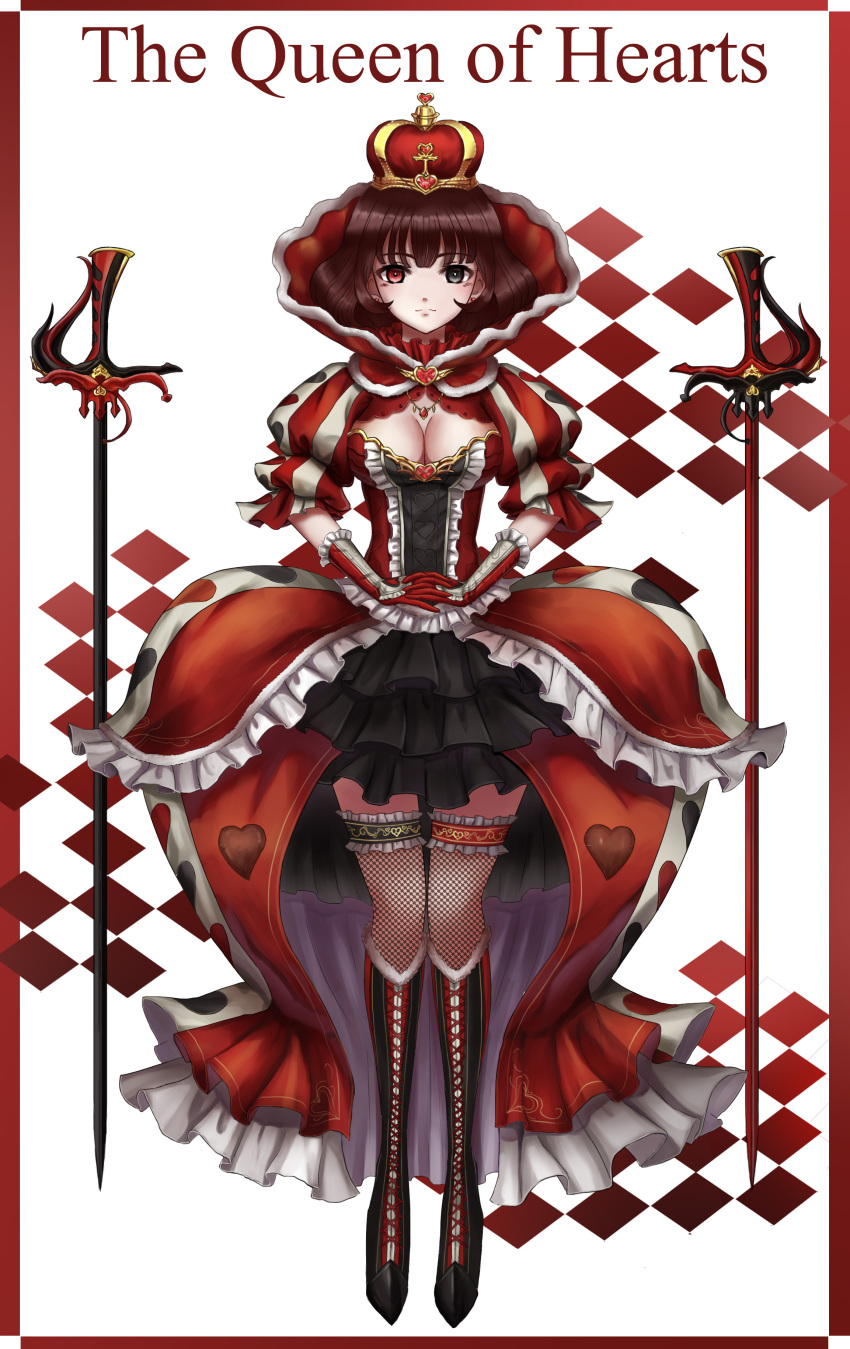 1girl absurdres alice_in_wonderland black_boots black_eyes boots breasts brown_hair character_name cleavage closed_mouth eyebrows_visible_through_hair fishnets heart heterochromia highres knee_boots large_breasts looking_at_viewer queen_of_hearts red_eyes seungju_lee solo sword thigh-highs weapon