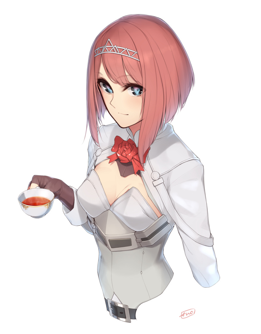 1girl ark_royal_(kantai_collection) bangs blue_eyes breasts brown_gloves cropped_torso cup enosan eyebrows_visible_through_hair fingerless_gloves gloves highres holding holding_cup kantai_collection long_sleeves looking_at_viewer redhead short_hair_with_long_locks sidelocks small_breasts smile solo teacup upper_body white_background