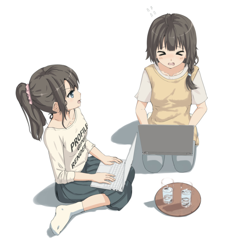 &gt;_&lt; 2girls blush braid brown_hair closed_eyes computer cup drinking_glass eyebrows_visible_through_hair facing_away highres laptop looking_at_another medium_hair multiple_girls original parted_lips ponytail seiza sitting tray wariza ynote