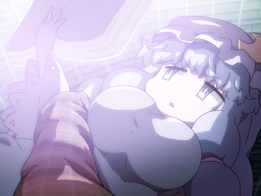 1girl book bookshelf breasts commentary_request crescent crescent_hair_ornament eyebrows_visible_through_hair hair_ornament hat jitome long_hair long_sleeves lying mob_cap on_back open_book open_mouth patchouli_knowledge plaid purple_hair reading shirosato solo touhou