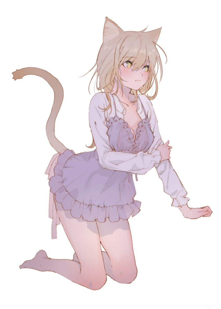 1girl absurdres animal_ears arched_back aruterra bare_legs barefoot blush breast_hold breasts bright_pupils cat_ears cat_tail cleavage closed_mouth dress eyebrows_visible_through_hair full_body hair_between_eyes hand_on_own_arm highres kneeling leaning_forward light_brown_hair long_sleeves looking_away medium_breasts original ribbon short_dress simple_background solo tail tail_ribbon white_background white_pupils yellow_eyes