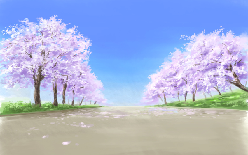blue_sky cherry_blossoms commentary_request day grass highres hirota_(masasiv3) no_humans outdoors petals road scenery sketch sky tree