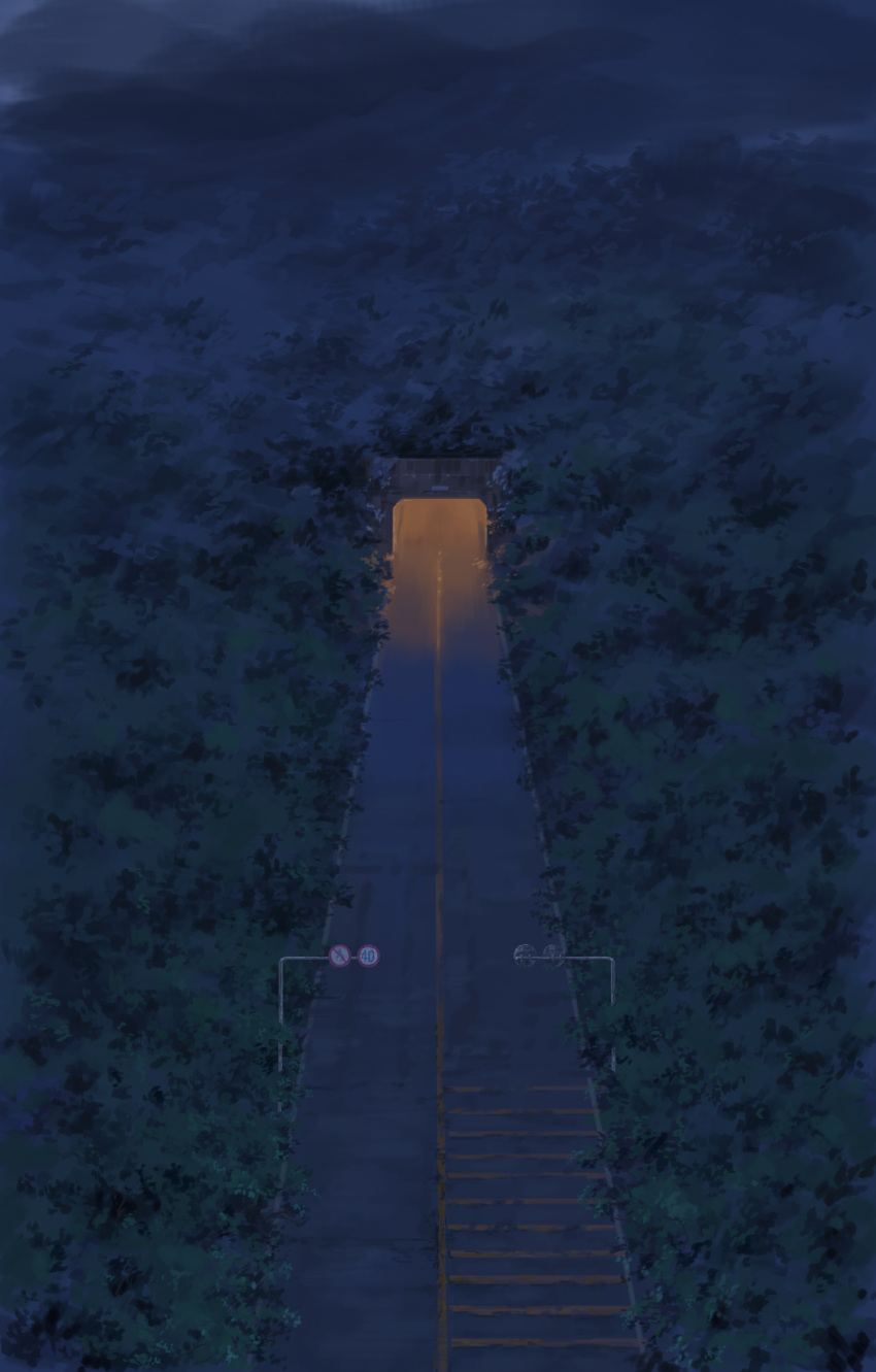 absurdres commentary_request forest from_above highres hirota_(masasiv3) light nature night no_humans outdoors road road_sign scenery sign tunnel
