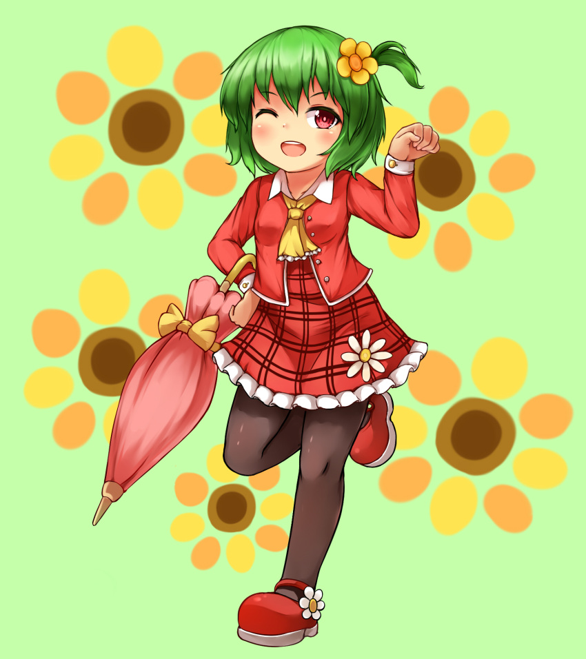 1girl ascot black_legwear bushi_(1622035441) floral_background flower full_body green_background green_hair hair_flower hair_ornament highres kazami_yuuka long_sleeves looking_at_viewer one_eye_closed one_side_up pantyhose parasol plaid plaid_skirt red_eyes red_shoes red_skirt shoes short_hair skirt smile solo standing standing_on_one_leg touhou umbrella vest younger