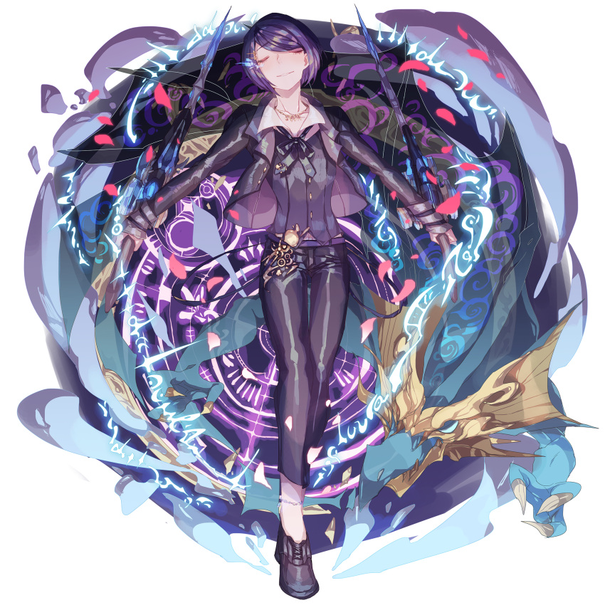 1boy black_pants divine_gate dragon dual_wielding facing_viewer full_body hair_ornament hairclip highres holding holding_sword holding_weapon jewelry lemming_no_suana magic_circle male_focus necklace pants purple_hair runes solo standing sword weapon