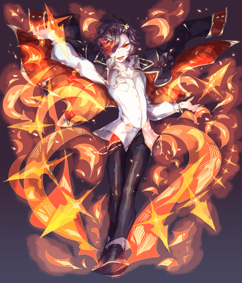 1boy :o black_cape black_hair black_pants bracelet cape dragon_poker fire full_body hair_ornament hair_over_one_eye hairclip highres jewelry lemming_no_suana looking_at_viewer male_focus pants pocket solo standing