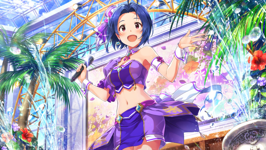 1girl ahoge armpits artist_request bare_shoulders blue_hair blush breasts day earrings flower hair_ornament hat idol idolmaster idolmaster_million_live! idolmaster_million_live!_theater_days jewelry looking_at_viewer microphone midriff mini_hat miura_azusa navel official_art outdoors outstretched_arms palm_tree purple_skirt red_eyes short_hair skirt smile solo spread_arms stage sunlight tree water wrist_cuffs