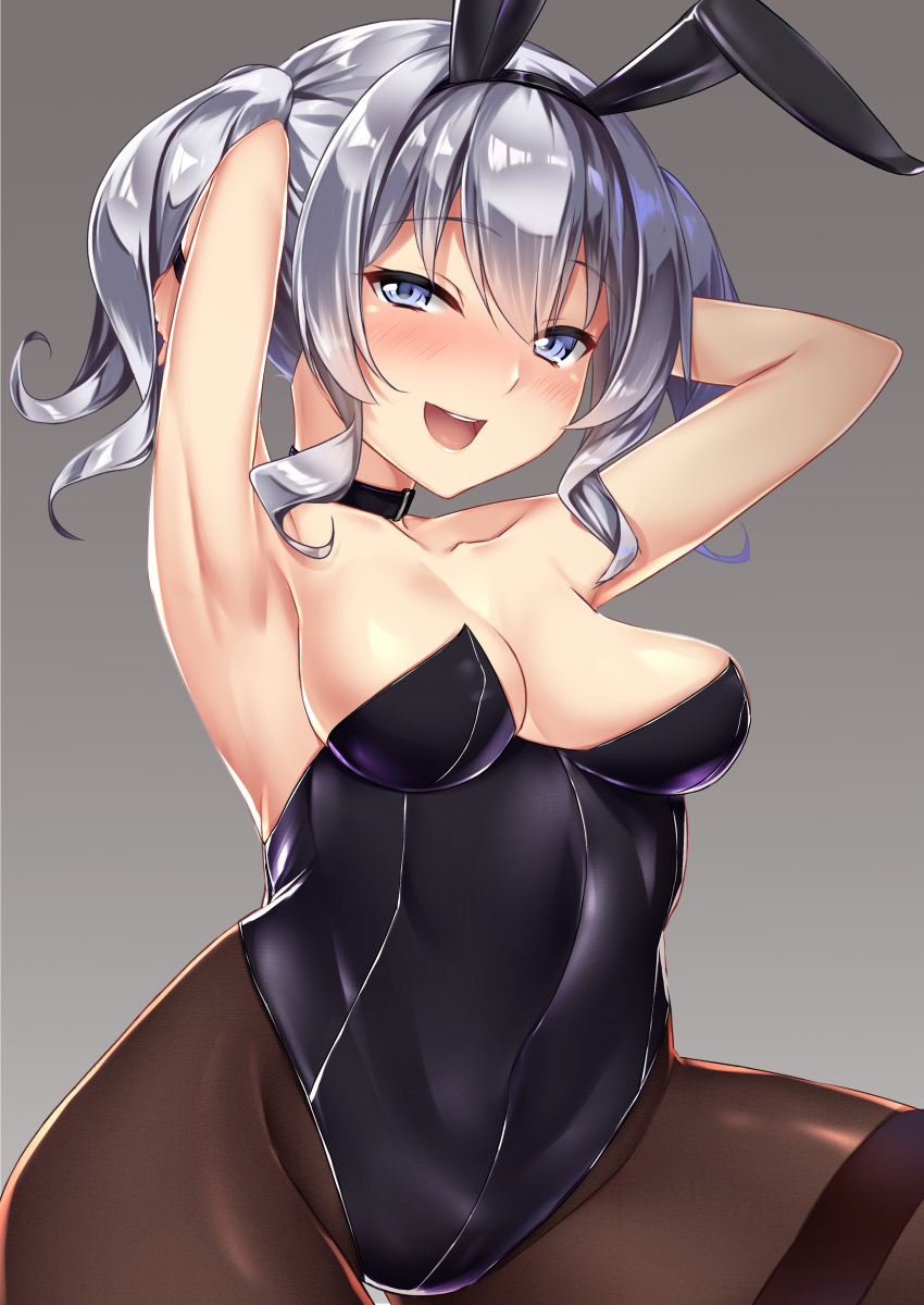 1girl :d absurdres alternate_costume animal_ears armpits arms_behind_head arms_up bare_shoulders black_leotard blue_eyes blush breasts brown_legwear collarbone fake_animal_ears highres hinacalibur kantai_collection kashima_(kantai_collection) leotard looking_at_viewer medium_breasts open_mouth pantyhose rabbit_ears round_teeth short_hair silver_hair smile solo teeth two_side_up