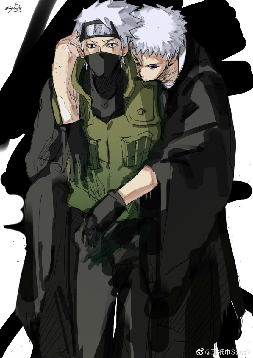 2boys absurdres arm_around_neck asymmetrical_bangs black_background black_bodysuit black_eyes black_gloves black_mask black_robe black_sleeves bodysuit buttons character_request chest_sarashi closed_mouth commentary covered_mouth dated english_commentary expressionless gloves green_vest hatake_kakashi highres injury kami_off_record long_sleeves looking_at_viewer male_focus mask mouth_mask multiple_boys naruto naruto_(series) pocket robe sarashi scar scar_across_eye short_hair signature spiky_hair two-tone_background very_short_hair vest watermark weibo_logo weibo_username white_background white_hair wide_sleeves