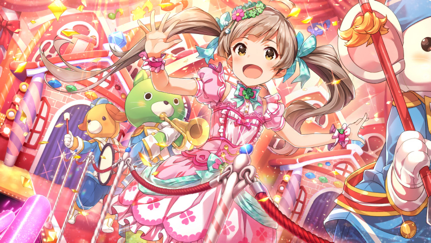 1girl ahoge animal_costume artist_request bow brown_eyes brown_hair clover confetti dress flat_chest floral_print flower frills hair_bow hair_flower hair_ornament hair_ribbon hakozaki_serika idol idolmaster idolmaster_million_live! idolmaster_million_live!_theater_days long_hair looking_at_viewer marching_band official_art open_mouth outstretched_arms pink_dress puffy_short_sleeves puffy_sleeves ribbon short_sleeves spread_arms stage twintails wrist_cuffs