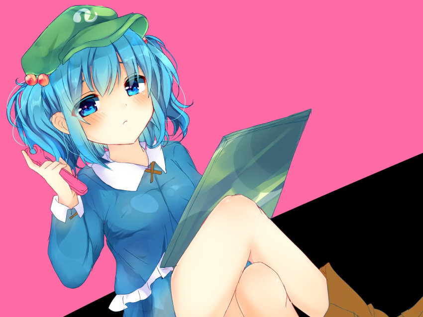 1girl bangs blue_eyes blue_hair blush boots brown_boots closed_mouth eyebrows_visible_through_hair green_hat hair_bobbles hair_ornament hat highres holding karasusou_nano kawashiro_nitori legs_crossed long_hair long_sleeves looking_at_viewer multicolored multicolored_background short_hair sitting solo touhou two-tone_background wrench