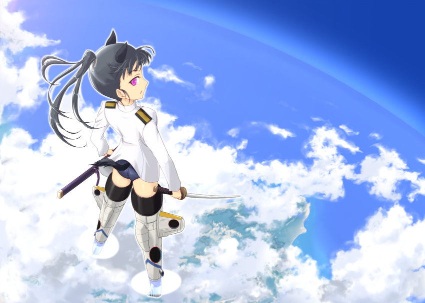 1girl animal_ears black_hair dog_ears dog_tail earth long_hair looking_at_viewer military military_uniform no_eyepatch parted_lips ponytail red_eyes sakamoto_mio sayu_(mio-mosa) scabbard school_swimsuit sheath solo strike_witches striker_unit swimsuit swimsuit_under_clothes sword tail uniform weapon world_witches_series