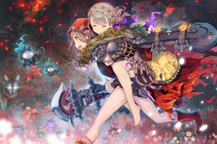 2girls :d artist_name bangs barefoot black_coat blunt_bangs blush boots braid briar_rose_(sinoalice) brown_eyes brown_hair carrying cloak closed_eyes coat crown_braid dress embers from_side grey_hair helmet highres hood hood_up hooded_cloak hoshizaki_reita little_red_riding_hood_(sinoalice) long_sleeves multiple_girls night open_clothes open_coat open_mouth outdoors parted_lips piggyback red_boots running short_hair signature sinoalice smile teeth wavy_hair wolf yellow_dress