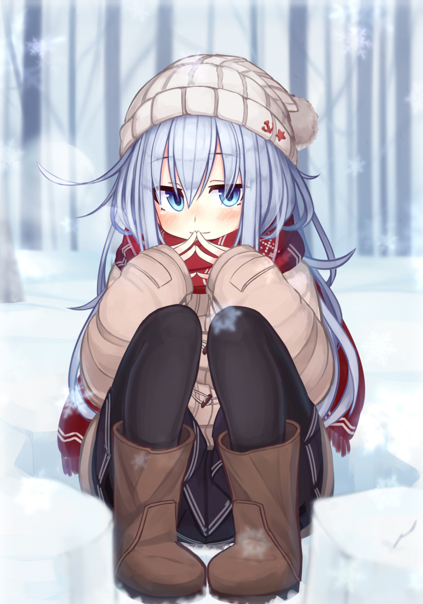 1girl alternate_costume beanie black_legwear black_skirt blue_eyes eyebrows_visible_through_hair hair_between_eyes hammer_and_sickle hat hibiki_(kantai_collection) highres jacket kantai_collection long_hair long_sleeves outdoors pleated_skirt red_scarf reitou_mikan remodel_(kantai_collection) scarf silver_hair sitting skirt snow snowflakes solo star verniy_(kantai_collection)