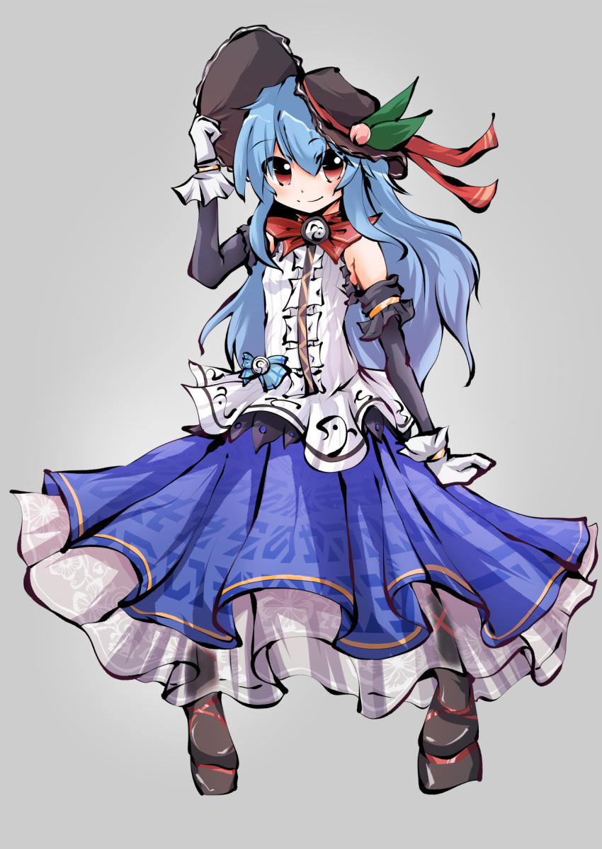 1girl adapted_costume blue_hair blue_skirt commentary_request full_body gloves hat highres hinanawi_tenshi komojino-u long_hair red_eyes skirt smile solo touhou