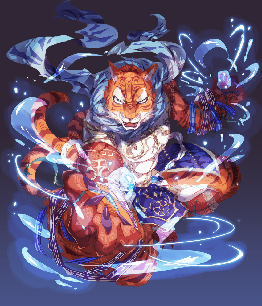 blue_scarf cat_focus dragon_poker foreshortening full_body furry green_eyes highres lemming_no_suana no_humans open_mouth scarf solo tiger