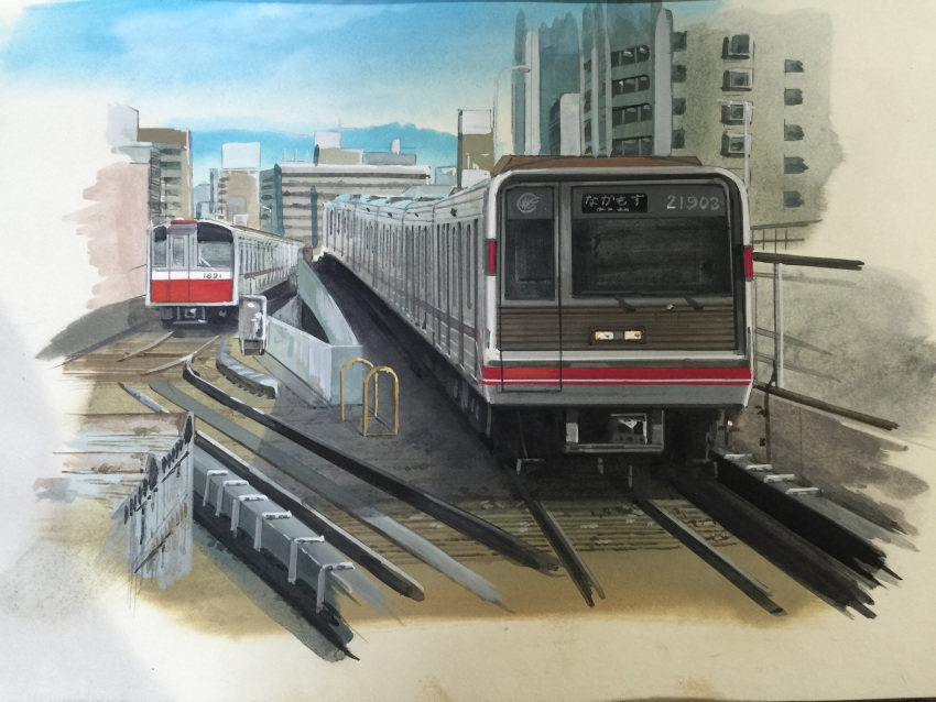 absurdres blue_sky building city cityscape commentary day ground_vehicle highres hirota_(masasiv3) no_humans outdoors railroad_tracks scenery sky train