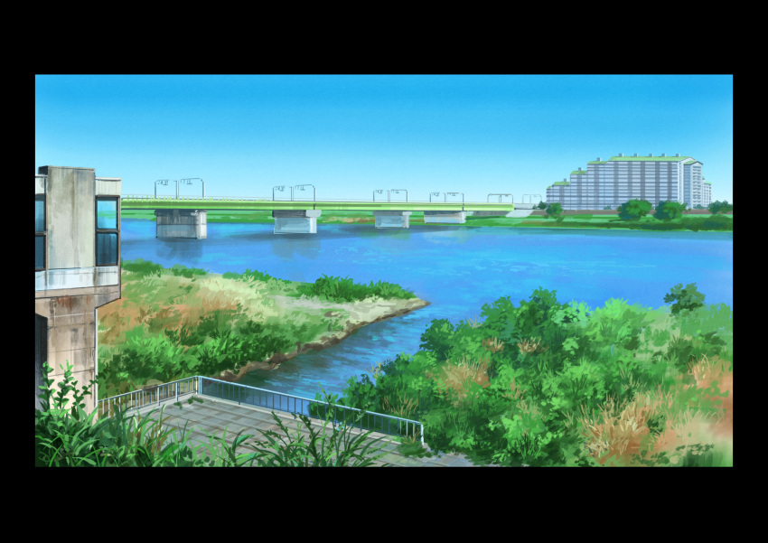 blue_sky border bridge building bush commentary_request day highres highway hirota_(masasiv3) nature no_humans outdoors railing river scenery sky tree
