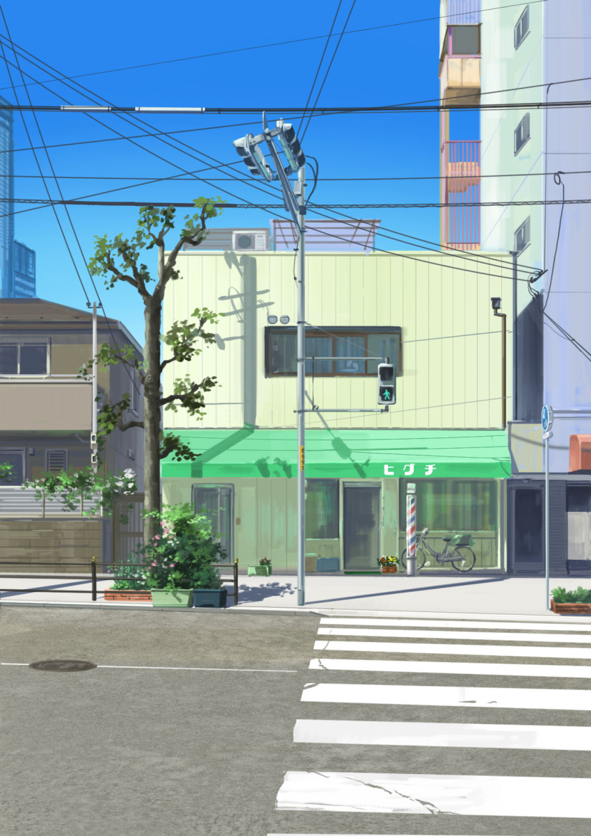 balcony blue_sky cable city commentary crosswalk day door highres hirota_(masasiv3) no_humans outdoors plant potted_plant road scenery sewer_grate shop sky street telephone_pole traffic_light tree utility_pole window