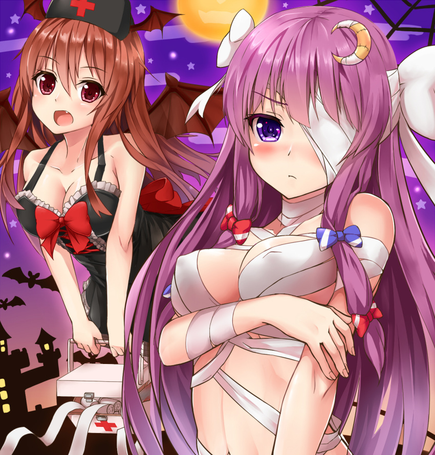 2girls alternate_costume bandage bandage_over_one_eye bat_wings black_dress blue_bow bow breast_hold breasts cleavage closed_mouth crescent crescent_hair_ornament demon_wings dress erect_nipples fang first_aid_kit hair_bow hair_ornament halloween hat head_wings highres koakuma large_breasts long_hair multiple_girls naked_bandage nurse_cap open_mouth patchouli_knowledge purple_hair red_bow red_eyes redhead shiron_(e1na1e2lu2ne3ru3) touhou very_long_hair violet_eyes white_bow wings