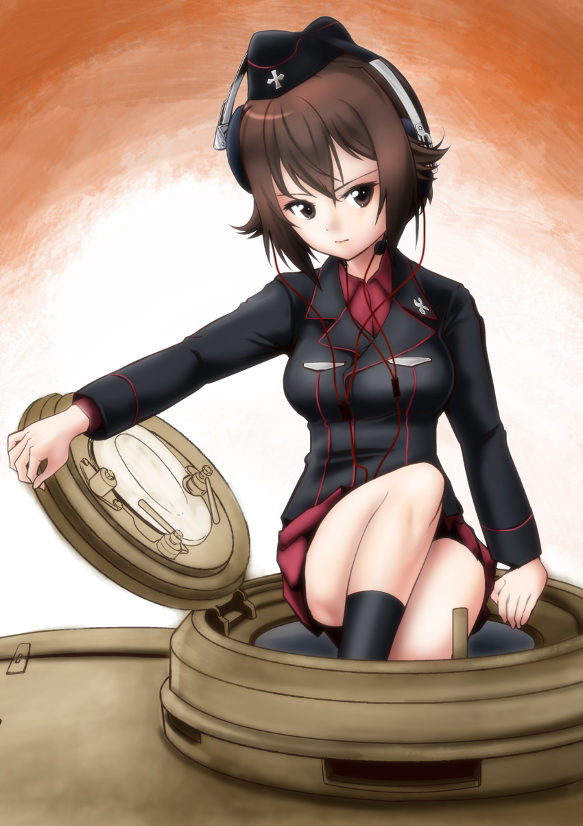 1girl absurdres arm_support bangs black_hat black_jacket black_legwear brown_eyes brown_hair closed_mouth dress_shirt garrison_cap girls_und_panzer ground_vehicle hat highres jacket kuromorimine_military_uniform long_sleeves looking_at_viewer military military_hat military_uniform military_vehicle miniskirt motor_vehicle nishizumi_maho pleated_skirt red_shirt red_skirt shirt short_hair sitting skirt socks solo tank tank_cupola throat_microphone uniform white_background yoyokkun