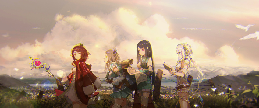 4girls atelier_(series) atelier_sophie backpack bag black_hair book brown_eyes brown_hair coat fence firis_mistlud green_eyes hair_ornament highres long_hair looking_at_another map multiple_girls novelance open_book outdoors plachta ponytail reading red_eyes scenery short_hair sleeveless sophie_neuenmuller staff thigh-highs town walking white_hair