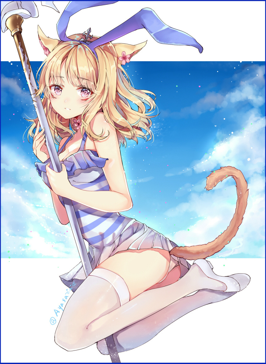 1girl animal_ears ass bangs between_legs blonde_hair blue_sky blush breasts camisole clouds cloudy_sky day error eyebrows_visible_through_hair fake_animal_ears final_fantasy final_fantasy_xiv flats from_side full_body grey_shoes grey_skirt hairband highres holding holding_staff long_hair looking_at_viewer medium_breasts miqo'te outdoors panties parted_lips pleated_skirt rabbit_ears shoes skirt sky smile solo staff striped striped_camisole tail takitou thigh-highs thighs underwear violet_eyes whisker_markings white_legwear white_panties