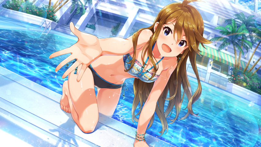 1girl ahoge artist_request barefoot bikini blue_eyes blush bracelet breasts brown_hair cleavage collarbone day feet idolmaster idolmaster_million_live! idolmaster_million_live!_theater_days jewelry long_hair looking_at_viewer medium_breasts midriff navel official_art open_mouth outdoors outstretched_hand palm_tree partially_submerged pool pool_ladder poolside smile solo sunlight swimsuit toes tokoro_megumi tree water wet wet_hair
