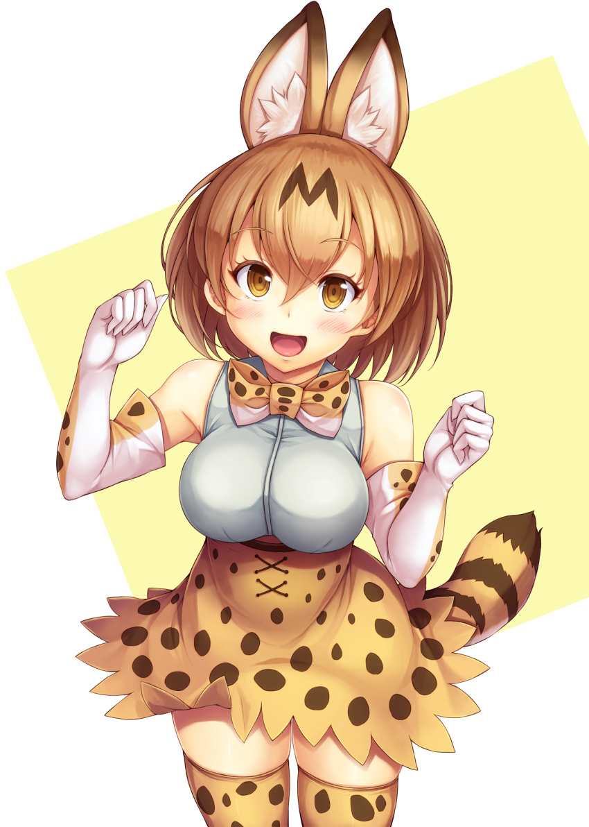 1girl animal_ears bare_shoulders blush breasts brown_hair cowboy_shot elbow_gloves gloves hair_between_eyes high-waist_skirt highres kemono_friends large_breasts long_hair multicolored_hair open_mouth serval_(kemono_friends) serval_ears serval_print serval_tail short_hair skirt sleeveless smile snowcanvas solo standing tail thigh-highs two-tone_hair white_background white_gloves yellow_background yellow_eyes yellow_skirt zettai_ryouiki