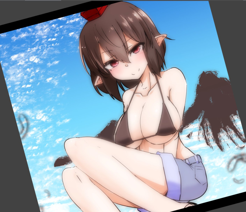 &gt;:) 1girl alternate_costume bikini_top blush breasts brown_hair chocolate_hair collarbone hat highres jpeg_artifacts large_breasts photo_(object) pointy_ears red_eyes shameimaru_aya short_hair shorts sky solo squatting takorice tokin_hat touhou v_arms wings