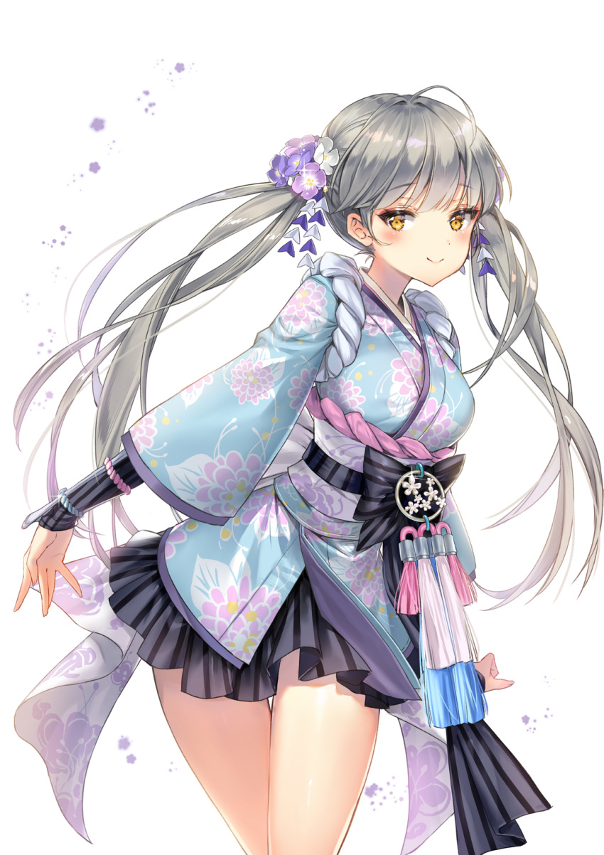 1girl ahoge arm_guards bangs blade_&amp;_soul floral_print flower flower_request frills grey_hair hair_flower hair_ornament highres japanese_clothes kimono leaning_forward lolita_fashion long_hair looking_at_viewer miniskirt obi rope sash skirt smile solo tasuki tena twintails very_long_hair wa_lolita yellow_eyes