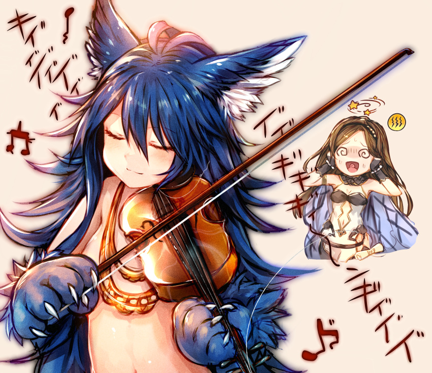 2girls @_@ absurdres animal_ears beamed_quavers beige_background black_gloves blue_hair brown_hair closed_eyes commentary_request fenrir_(shingeki_no_bahamut) gloves granblue_fantasy hair_between_eyes hairband highres instrument long_hair multiple_girls music musical_note novei_(granblue_fantasy) paws playing_instrument quaver scroll solo star sukemyon violet_eyes wolf_ears