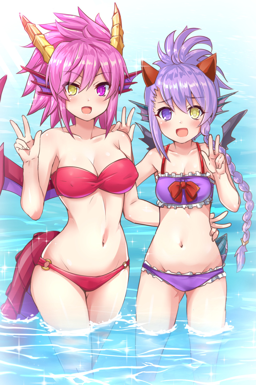 2girls :d asymmetrical_bangs asymmetrical_hair bangs bare_arms bare_shoulders bikini black_wings blush bow braid breasts cleavage collarbone day double_w dragon_girl dragon_horns erect_nipples eyebrows_visible_through_hair frilled_bikini frills groin hair_between_eyes hand_up head_fins heterochromia highres horns large_breasts legs_together long_hair looking_at_viewer medium_breasts multiple_girls navel o-ring_bikini o-ring_bottom open_mouth pink_eyes pink_hair purple_bikini purple_hair puzzle_&amp;_dragons red_bikini red_bow red_wings samoore sheena_(p&amp;d) shiny shiny_hair side_braid smile sonia_(p&amp;d) sparkle spiky_hair standing stomach strapless strapless_bikini swimsuit tail tsurime violet_eyes w wading water wings yellow_eyes