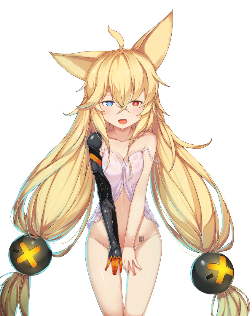 1girl :d absurdres ahoge animal_ears barcode blonde_hair blue_eyes blush breast_squeeze breasts camisole cleavage collarbone cowboy_shot eyebrows_visible_through_hair fang g41_(girls_frontline) girls_frontline hair_between_eyes hallohi heart heart-shaped_pupils heterochromia highres long_hair looking_at_viewer low_twintails mechanical_arm navel off_shoulder open_mouth panties red_eyes simple_background smile solo symbol-shaped_pupils twintails underwear v_arms very_long_hair white_background white_panties