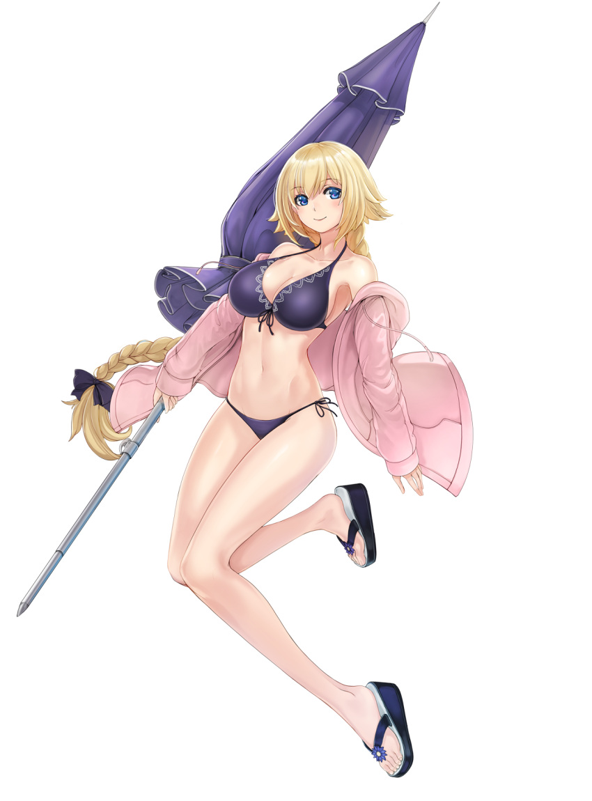 1girl bangs bikini black_bow blonde_hair blue_bikini blue_eyes blush bow braid breasts cleavage closed_mouth collarbone eyebrows_visible_through_hair fate/grand_order fate_(series) front-tie_bikini front-tie_top full_body hair_bow highres hood hoodie large_breasts long_hair looking_at_viewer mhg_(hellma) navel open_clothes open_hoodie revision ruler_(fate/apocrypha) side-tie_bikini sidelocks simple_background single_braid slippers smile solo swimsuit tareme thighs very_long_hair white_background