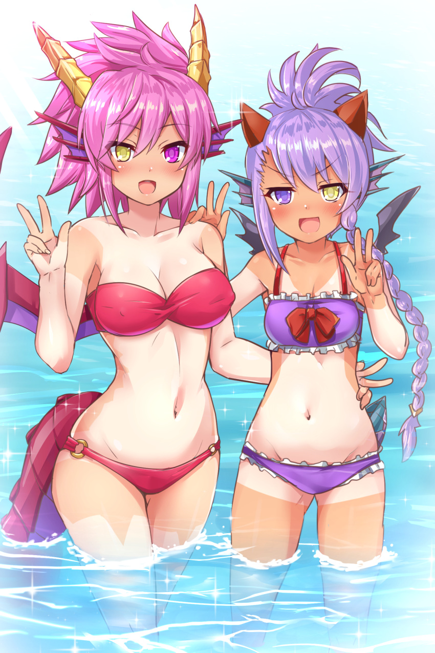&gt;:d 2girls :d asymmetrical_bangs asymmetrical_hair bangs bare_arms bare_shoulders bikini black_wings blush bow braid breasts cleavage collarbone commentary_request day double_w dragon_girl dragon_horns erect_nipples eyebrows_visible_through_hair frilled_bikini frills groin hair_between_eyes hand_up head_fins heterochromia highres horns large_breasts legs_together long_hair looking_at_viewer medium_breasts multiple_girls navel o-ring_bikini o-ring_bottom one-piece_tan open_mouth pink_eyes pink_hair purple_bikini purple_hair puzzle_&amp;_dragons red_bikini red_bow red_wings samoore sheena_(p&amp;d) shiny shiny_hair side_braid smile sonia_(p&amp;d) sparkle spiky_hair standing stomach strapless strapless_bikini swimsuit tail tan tanline tsurime violet_eyes w wading water wings yellow_eyes