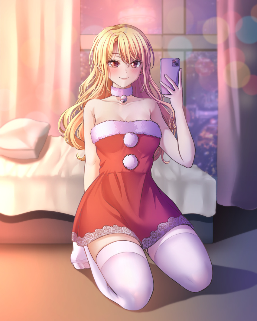1girl arms_behind_back bang_dream! bangs bed bell blonde_hair blush breasts brown_eyes cellphone christmas closed_mouth curtains dress full_body fur-trimmed_dress fur_choker fur_trim highres holding holding_phone indoors jingle_bell kirigaya_touko kneeling long_hair looking_at_viewer medium_breasts neck_bell night phone ptal red_dress santa_dress selfie sleeveless sleeveless_dress smartphone smile solo strapless strapless_dress taking_picture thigh-highs white_legwear window