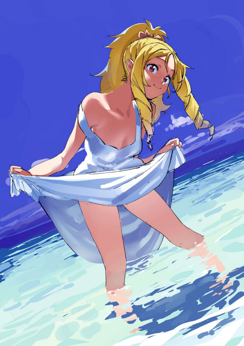 1girl bare_shoulders blonde_hair blue_sky blush bow breasts cleavage closed_mouth dress dress_lift drill_locks eromanga_sensei hair_bow highres kito_(sakerukito) looking_at_viewer ocean partially_submerged ponytail red_eyes sky smile solo strap_slip water white_dress yamada_elf