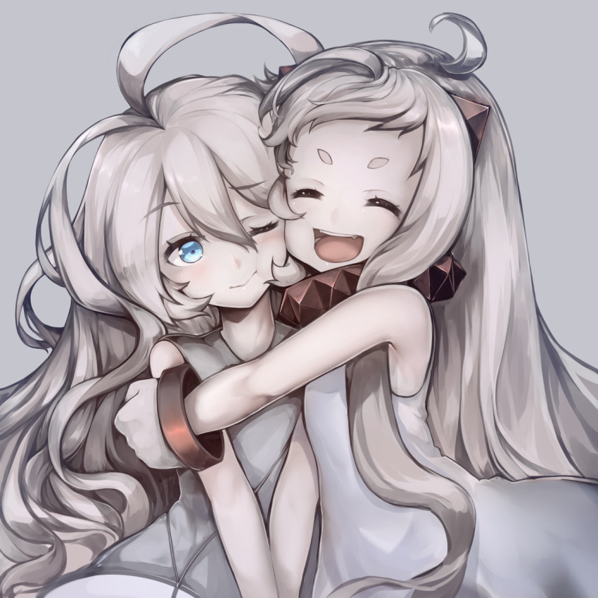 2girls ^_^ ^o^ ahoge blue_eyes closed_eyes dress grey_background hachachi hair_between_eyes highres horns huge_ahoge kantai_collection long_hair mittens multiple_girls northern_ocean_hime one_eye_closed open_mouth shinkaisei-kan simple_background sleeveless smile submarine_new_hime white_dress white_hair white_skin