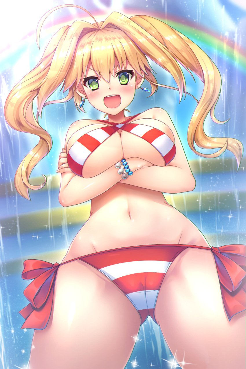 &gt;:d 1girl :d ahoge bangs bare_arms bare_shoulders bead_bracelet beads bikini blonde_hair blue_sky blurry blurry_background blush bracelet breasts clouds commentary_request cowboy_shot crossed_arms day earrings eyebrows_visible_through_hair fate/grand_order fate_(series) floating_hair from_below glint green_eyes groin hair_between_eyes hair_intakes halter_top halterneck highres jewelry large_breasts long_hair looking_at_viewer navel nero_claudius_(swimsuit_caster)_(fate) open_mouth outdoors rainbow red_bikini saber_extra samoore shiny shiny_hair side-tie_bikini sky smile solo sparkle stairs standing stomach striped striped_bikini swimsuit twintails white_bikini